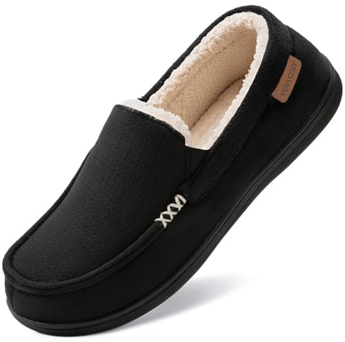 VeraCosy Men's Suede Moccasin Slippers Memory Foam Sherpa Lined Anti-Skid | Medial dual elastic gores,machine washable,indoor and outdoor hard sole,multi-layered high resilient foamcushioning