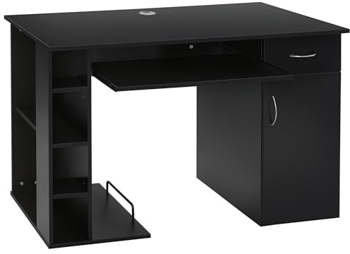 HOMCOM Bureau Informatique Table d'ordinateur multimédia Multi-rangements avec étagère tiroir Tablette Clavier MDF 120 x 60 x 74 cm Noir