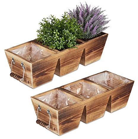 Relaxdays Fioriera in Legno, 3 Portavasi per il Balcone e il Davanzale, Vaso Rettangolare per il Giardino, Naturale