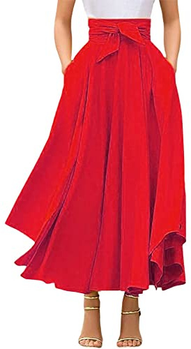 chouyatou Women's Elegant High Waisted Side Slit Irregular Bohemian Maxi Skirt with Pockets (Small, Red)