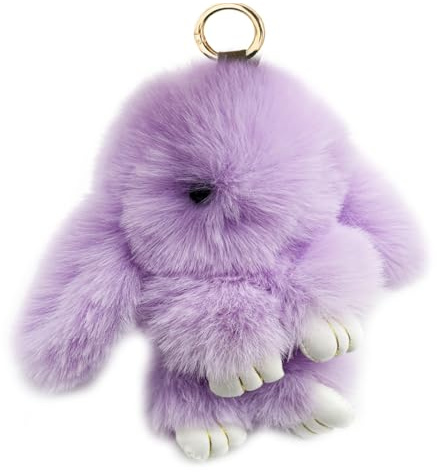 Xsclpomddy Bunny Keychain Cute Rex Rabbit Faux Fur Pompom Keychain Car Handbag Lovely Keyring Charm Ring,light purple,7in
