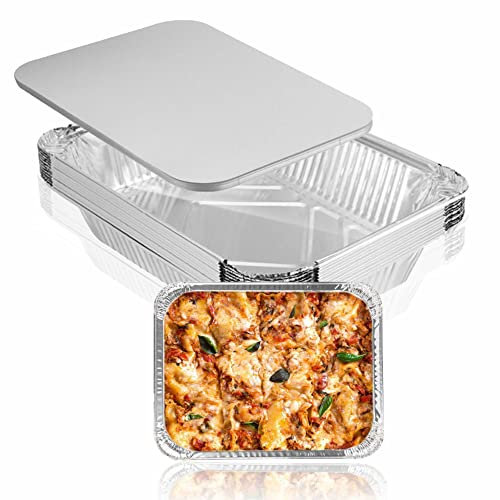 LORD C Foil Food 9 Pack Containers with Lids Medium Disposable Baking Trays Heavy Duty Aluminum Dishes Ideal for Roasting Broiling Cooking Freezing Storing Oven BBQ Buffets and Parties (150MM X119MM)