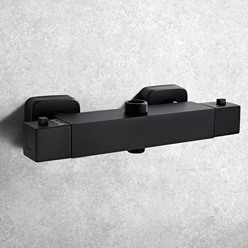 Solepearl Barre mitigeur de douche thermostatique carrée à deux sorties, en laiton noir mat, barre de sortie double en laiton noir mat, barre de mitigeur de douche double sortie avec BSP supérieur