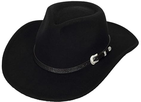 Chapeau de cowboy occidental classique pour homme et femme - Chapeau Fedora en feutre à large bord enroulable avec boucle de ceinture (M-L), Noir-5 étoiles, M