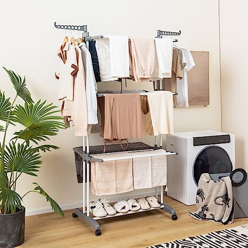 Moccha 4-Tier Clothes Drying Rack, Folding Drying Rack w/ 4 Wheels, 24 Drying Poles & 2 Rotatable Side Wings for Clothes, Portable Clothing Drying Rack for Laundry, Laundry Bag, Grey