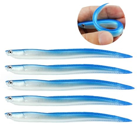 OriGlam 5pcs Fishing Lures, Soft Lures Bionic EeL, Artificial Bait Fishing Baits Eel for Bass Pike Trout Perch for Saltwater Freshwater (Blue)