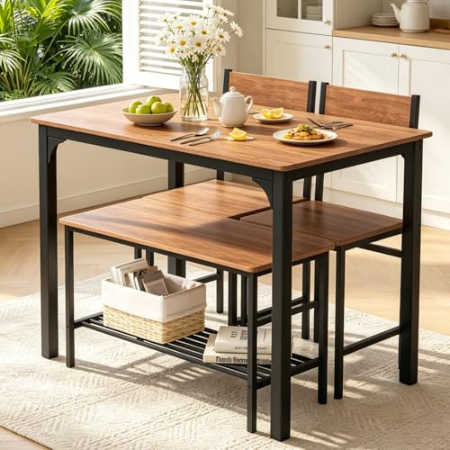 COSTWAY Ensemble Table et Chaise Salle a Manger pour 4 Personnes, 2 Chaises, Banc avec Étagère, Design Compacte Encastrable, Salle a Manger Complete pour Petite Espace, Cuisine, Salon(Brun)