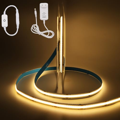 HEGEHE - Striscia LED COB dimmerabile DC12V Autoadesiva, 320 LED/m Striscia LED FCOB flessibile CRI90+ con dimmer, adatta per illuminazione di interni [1m, Bianco caldo 3000K]