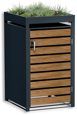 Metzler Mülltonnenbox in Anthrazit & Holzoptik mit Pflanzdach 1 Tonne, Kapazität bis 240L, witterungsbeständiger und pulverbeschichteter Stahl mit Automatikdeckel, abschließbar, Garten- und Müllbox
