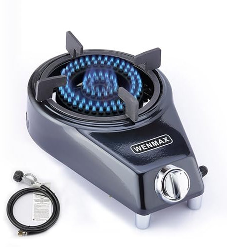 WENMAX Estufa de propano de un solo quemador con manguera adaptadora de propano. Alto valor calorífico de 15000 BTU. Protección de válvula inteligente para niños. Tamaño portátil para uso en