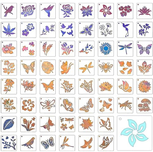 60 Wiederverwendbare Schablonen für Kinder – Malschablonen Basteln, Schablonen zum Malen mit Vogel-, Bienchen-, Schmetterling- und Blumenmotiven (7,6x7,6cm) – Tiere & Blumen Vorlagen zum Malen, DIY