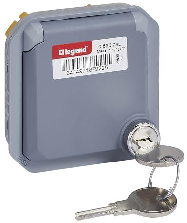 LEGRAND, Plexo New 069639L Prise Schuko standard pour pièces humides avec couvercle à charnière, protection contre les contacts, bornes à fiche, 16 A, 250 V, IP55 - IK08 (avec serrure) - Ultra blanc