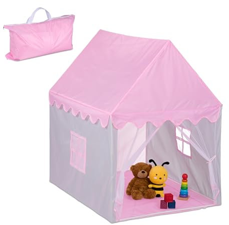Relaxdays Spielzelt Haus-Design, HBT 130x95x125 cm, Kinderzelt, großer Eingang, Spielhaus Indoor, Krabbelzelt, rosa/grau