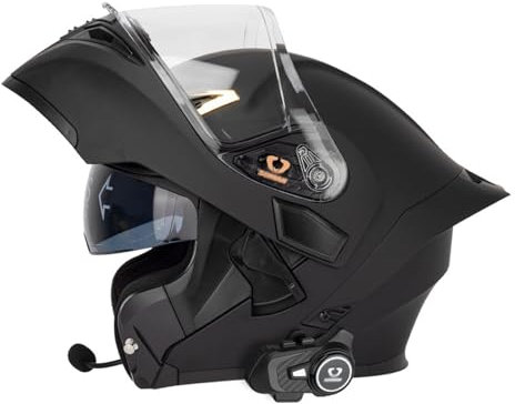 RYDZCLH Casque De Moto Modulaire Bluetooth avec Queue, Homologué Dot, Intégral Rabattable, Anti-Buée Intégré, Double Visière, Microphone Haut-Parleur Intégré,Noir,L 59~60cm