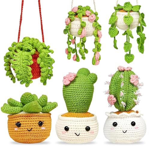 WDKXCN Uncinetto Set per Principianti, Cactus Kit Uncinetto Principianti, DIY Crochet Kit con Forbici, Imbottitura, Gancio per Uncinetto, Filato, Colla Stick, Ago per Cucire a Mano, Istruzioni