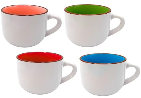 PALUPLUS Set 4 Tazze da Colazione in Porcellana Bianche con Interno Multicolor, Capacità 450 ml, Tazze Mug con manico, Lavabili in Lavastoviglie, adatte per Microonde, per Thè, Tisane, Latte -109F