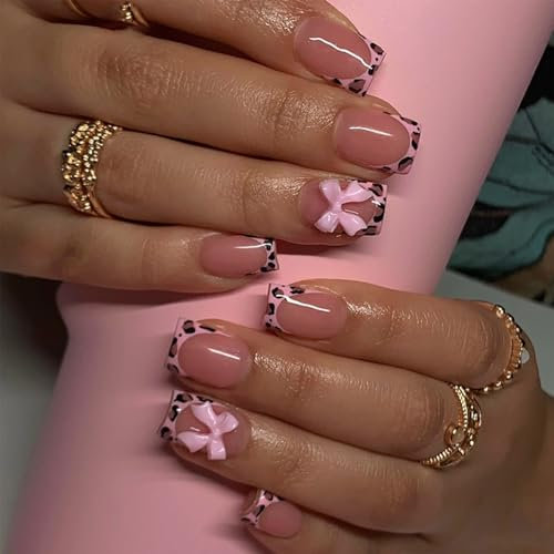 French False Nails Short - 24Pcs Pink French Tip Press On Nails Square with Leopard 3D Bow Desgin, Cute Acrylic Full Cover Fake Nail Stick on Nails for Women Girls Valentines Nails Art