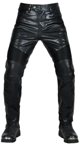 Men's Outdoor Matte PU Leather Pants with Protective Knee Off-Road Stretch Faux Leather Trousers Black XXL
