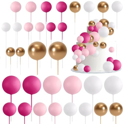 Bola decorativa de pastel,32PCS Topper Cake Bola, Decoración Tarta de Bola,decoración para tarta de cumpleaños y decoración de tartas de boda, cumpleaños, shower (Rosa)