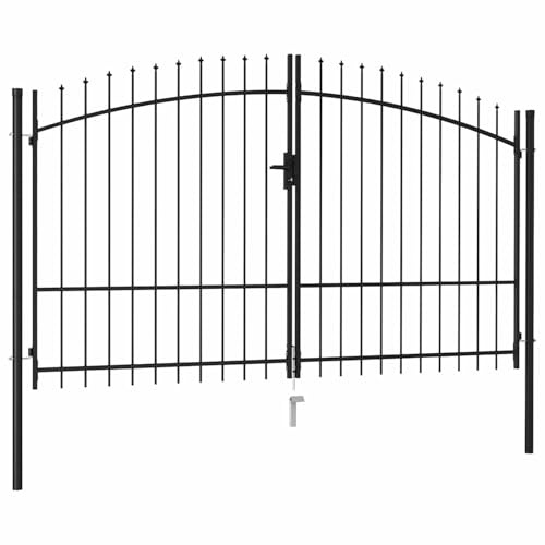 Gecheer Fence gate double leaf with spear tips steel 3 x 1.75 m black Model145737 Home Fence