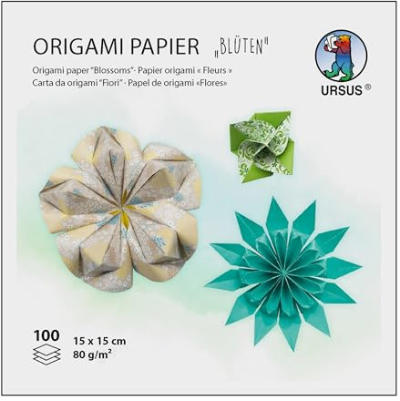 Ursus 2298 55 04 - Papel origami Flores, azul/verde, 100 hojas, 80 g/m², 15 x 15 cm, 7 motivos surtidos, impresos por ambas caras, con instrucciones de plegado, bricolaje & decoración