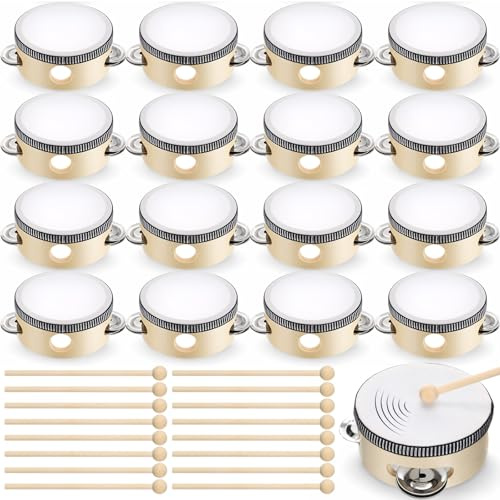 Joyfolk 32 Pcs 4 Inch Tambourine with Drumsticks Wooden Hand Held Drum with Metal Jingles Percussion Musical Instrument for Church Wedding Party Gift Musical Educational Drum Instrument Party
