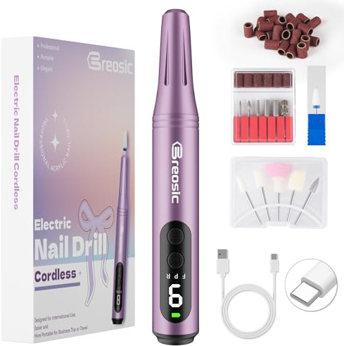 Breosic Fresa per Unghie Professionale 35000 Giri Lima Elettrica per Unghie con Schermo LED 12 in 1 Frese per Unghie Portatile Trapano per Unghie Senza Fili Velocità Regolabile Nail Drill (Viola)