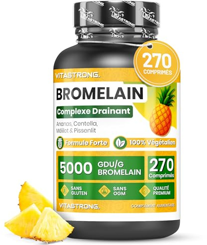 Bromelina Forte Drenante Vitastrong, Integratore Bromelina 5000 GDU, Vegana, Qualità Premium, 270 Compresse, Formula Complex con Centella Asiatica, Tarassaco e Meliloto, Bromelain Senza Glutine, OGM