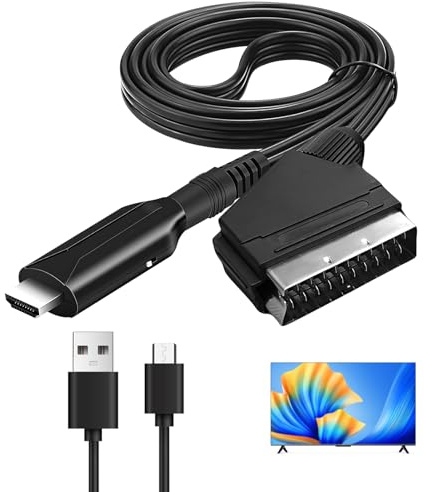 Cable Adaptador Euroconector a HDMI, Entrada SCART Salida HDMI Todo en uno Convertidor Apoyo HD 720/1080P Audio de Vídeo con Cable de Alimentación para HDTV Proyector DVD Blu-Ray VHS STB Sky Xbox PS3