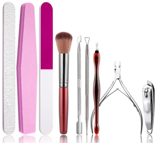 MUU Juego de 9 herramientas de manicura profesional, lima de uñas de grano 100/180/240 y bloques de pulidor con empujador de cutículas, pinza y cepillo para polvo, kit de cuidado de uñas para uñas de