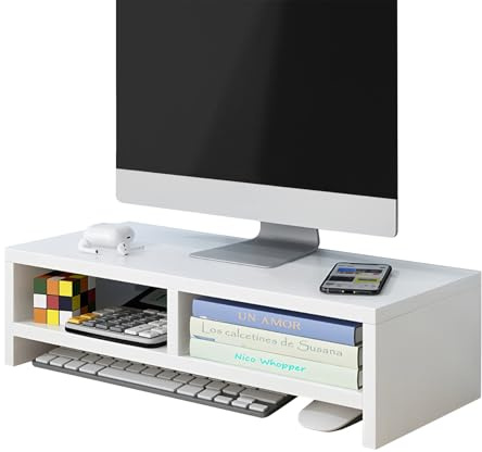 SCBOY Soporte Monitor Escritorio Blanco Elevador Monitor Madera con 2 Compartimentos Soporte para Monitor de Ordenador para Escritorio Ideal para su Oficina En Casa 40 x 20 x 13 cm