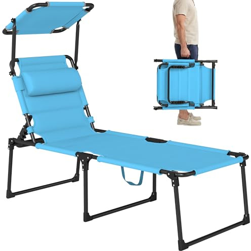 Outsunny Tumbona Plegable, Tumbona Jardín Exterior con Toldo Ajustable, Respaldo Regulable en 4 Niveles, Reposacabezas, Cojín Grueso, para Terraza, Piscina, 70x200x45 cm, Azul Claro