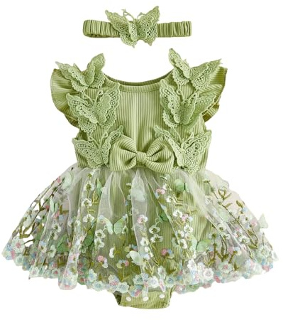 Caziffer 2Pcs Ensemble Bébé Fille Été, Robe Barboteuse à Manches Volantes, Fleur Brodée, Tulle Patchwork, 3D Papillon Décor, avec Bandeau, Tenue pour Bébé Fille Chic, 0-18 Mois