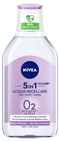 NIVEA MicellAIR 5in1 Acqua Micellare Delicata 400 ml, Struccante viso e occhi dall'azione lenitiva, Detergente viso pelle sensibile per una detersione profonda e delicata