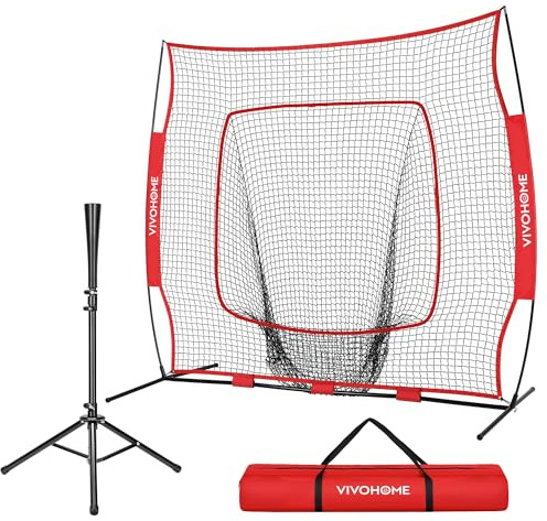 VIVOHOME Baseball Softball Batting Net - 7x7 Ft Baseball Backstop, Softball Practice Net for Hitting, Pitching, Throwing with Batting Tee and Carry Bag, Red