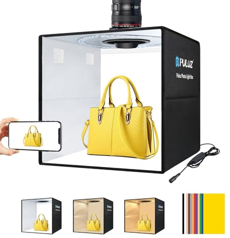 16×16 Professional Photo Studio Light Box,PULUZ Portable Foldable Light Box Photography,Tri-Color Dimmable Photo Box Kit with 160 LED Lights & 6 Backdrops (12 Colors) for Product Photography