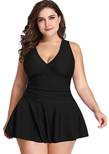 Jamron Mujer Talla Grande Dos Piezas Traje de Baño Tankini con Boyshort Cuello en V Control de Barriga Bañadores con Estampado Floral Negro 5XL