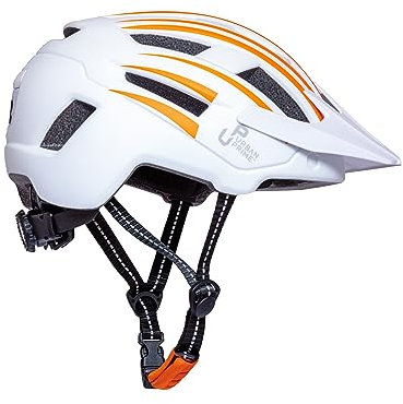 Urban Prime Energy Helmet, Casco Protettivo con Luci e Visiera per Bici, e-Bike e Monopattino Elettrico Unisex Adulto, Bianco e Arancione, M