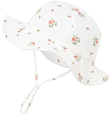 Nishine Cappello da Sole per Bambini, Protezione Solare da Spiaggia, Cappello da Pescatore per Bambine, Bianco e Fiore, 3-12 Months