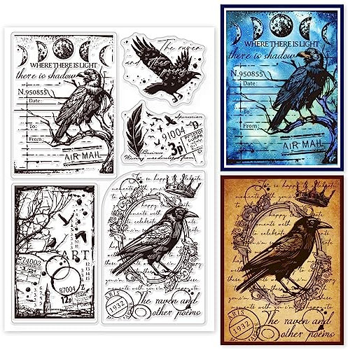 GLOBLELAND Retro-Krähenhintergrund Silikonstempel Vintage-Mondphase Transparente Stempel Zauberkrähe Klare Stamps Für Karten Herstellung DIY Scrapbooking Basteln