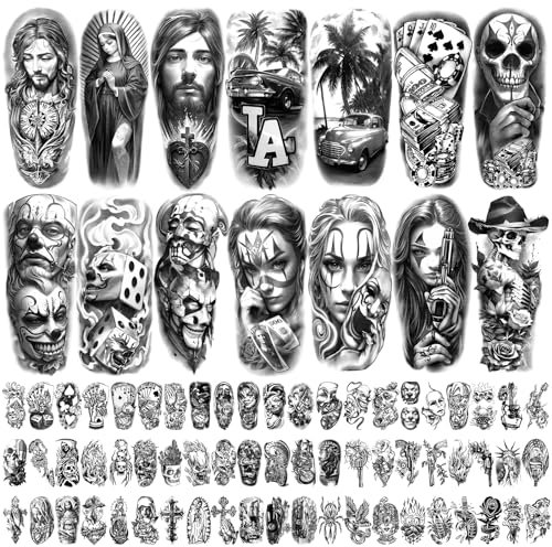 77 Fogli Tatuaggi Temporanei Chicano, Chicana Guadalupe Tatuaggio Finto Prigioniero Giorno dei Morti, Cultura Stile Lowrider Messico Chicano Clown Adesivo per Uomini Donne Adulti