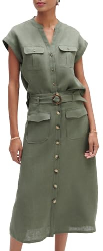 Caroll KK031-AGNES Gonna in Lino Lunghezza Midi Verde Cachi, 36, Women's