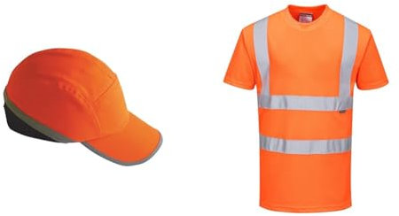 Portwest PW79 Men's Safety Bump Cap, Orange & RT23 High Visibility Rail T-Shirt Orange, Large