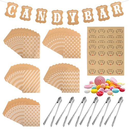 JIANGZHIB Accessori Candy Bar, 62 pezzi, set di accessori per candybar, contiene 50 sacchetti per caramelle, 6 pinze per zucchero, 5 adesivi e 1 ghirlanda per candy bar, decorazione per caramelle,