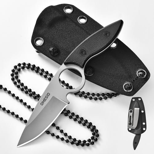 Omesio Couteau Lame Fixe EDC Mini - Couteau de Cou avec Étui Kydex Collier à Bille, Acier 5CR13MoV, G10 Full Tang, pour Survie Bushcraft Randonnée
