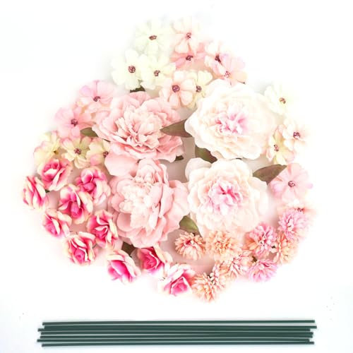 GOTDYBST 43 Stück Kunstblumen wie Echt, Künstliche Blumen Köpfe Rosen Gänseblümchen Flieder Kamelien, DIY Blumen Deko mit Stiel, Deko Blumen Künstlich, Fake Flowers für Hochzeit Home Tischdeko
