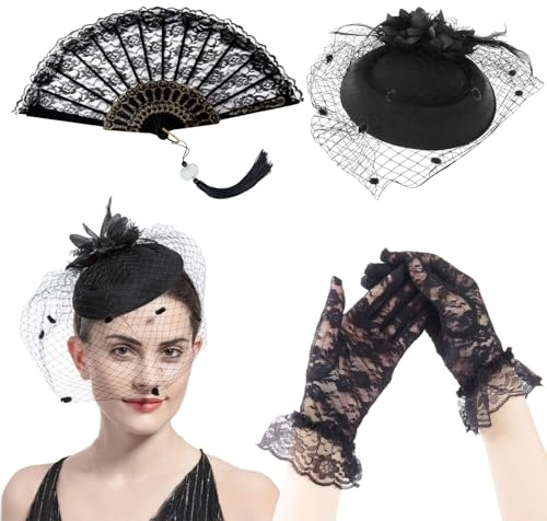 Affascinante Fascia per Capelli da Donna con Piume e Rete - Squisito Accessorio d'epoca per ogni Occasione，Guanti di pizzo corto, ventilatore, cappello da tè donna cappello clip