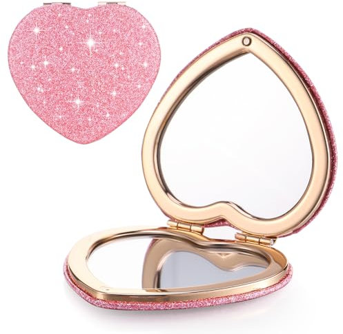 Teaaha Kleiner Spiegel Rosa, Herz Taschenspiegel, HerzTaschenspiegel Mit Vergrößerung, Herz Make Up Klappspiegel, Rosa Mini Spiegel, HerzKleinerSpiegel, Doppelseitiger Niedlicher GlitzerSpiegel