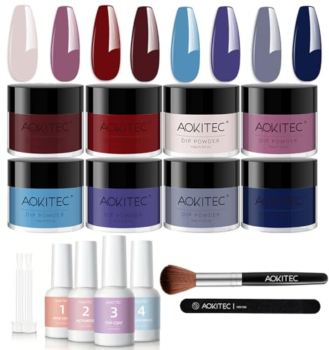 Kit de Dip Acrygel Ongle Aokitec 8 couleurs, poudre acrylique pour ongles à tremper rouge, bleu, violet avec liquide Dipping Powder en nail art, kit ongles debutant, cadeau pour femmes et filles
