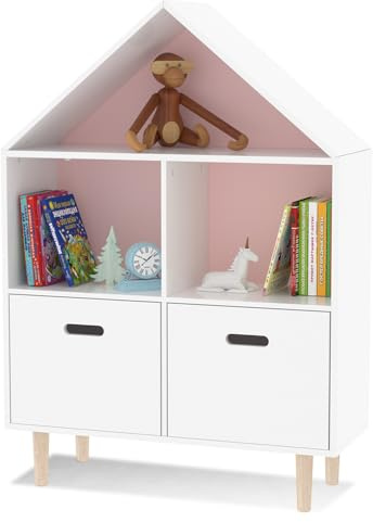 Little Nation Dollhouse Bookshelf – 3-Tier Kids Bookshelf & Wooden Book Case, Children’s Dolls House Style Storage Shelf, 80×30×119 cm, White